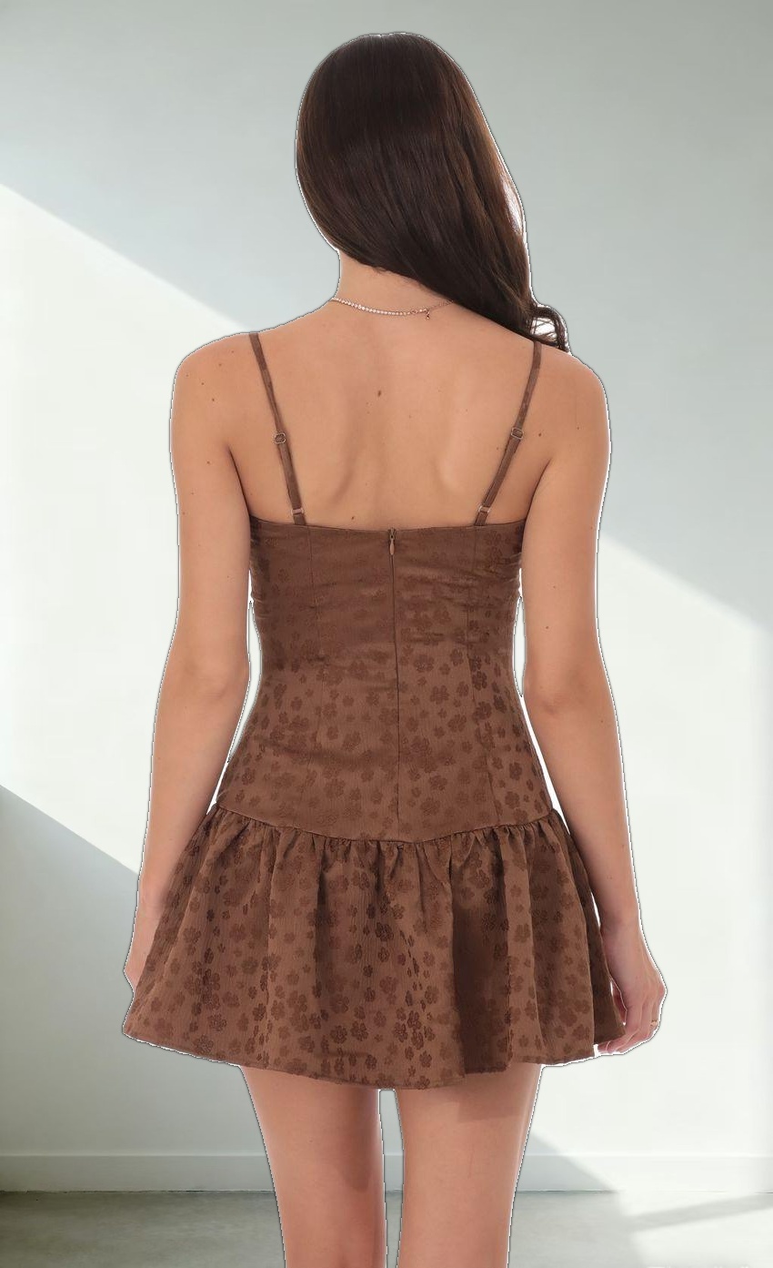 Floral Double Bow Drop Waist Dress in Brown