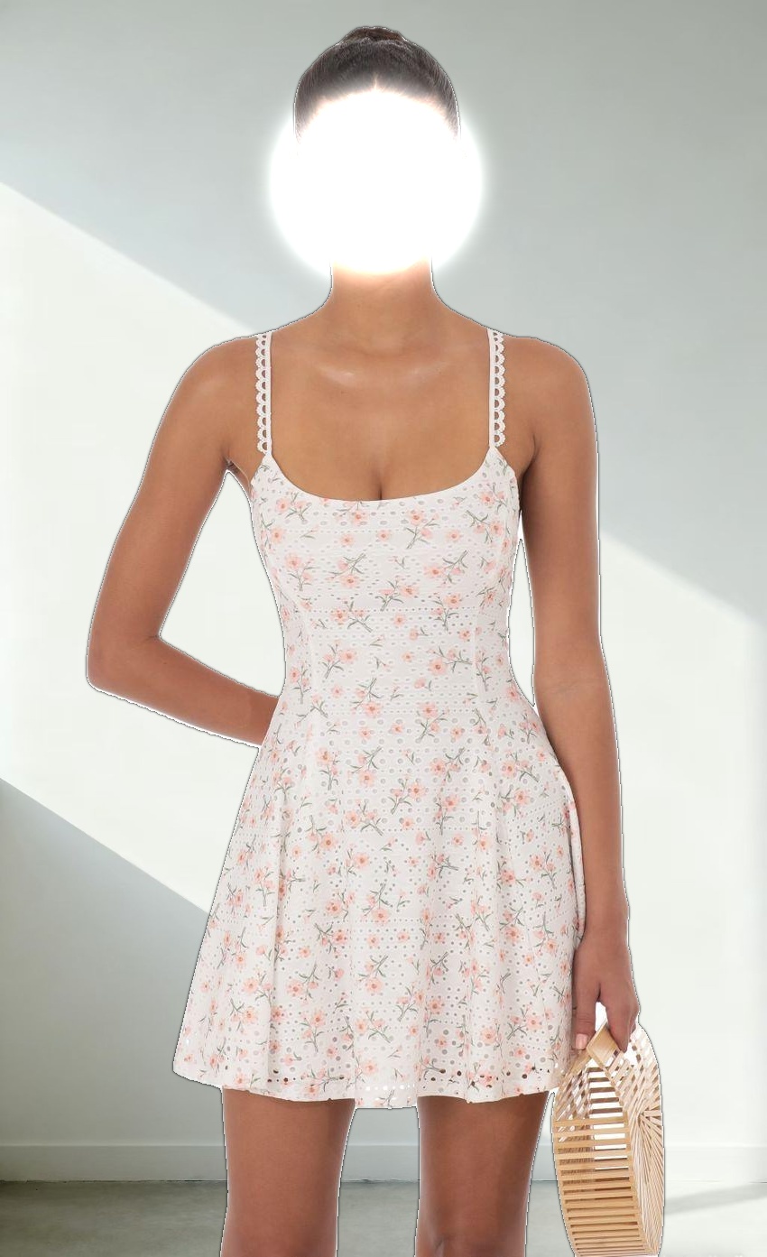Floral Strap Crossback Fit and Flare Dress in White