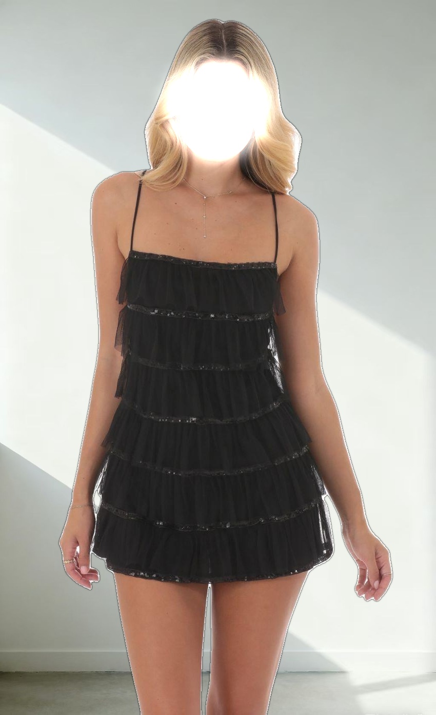 Mesh Sequin Ruffles Dress in Black