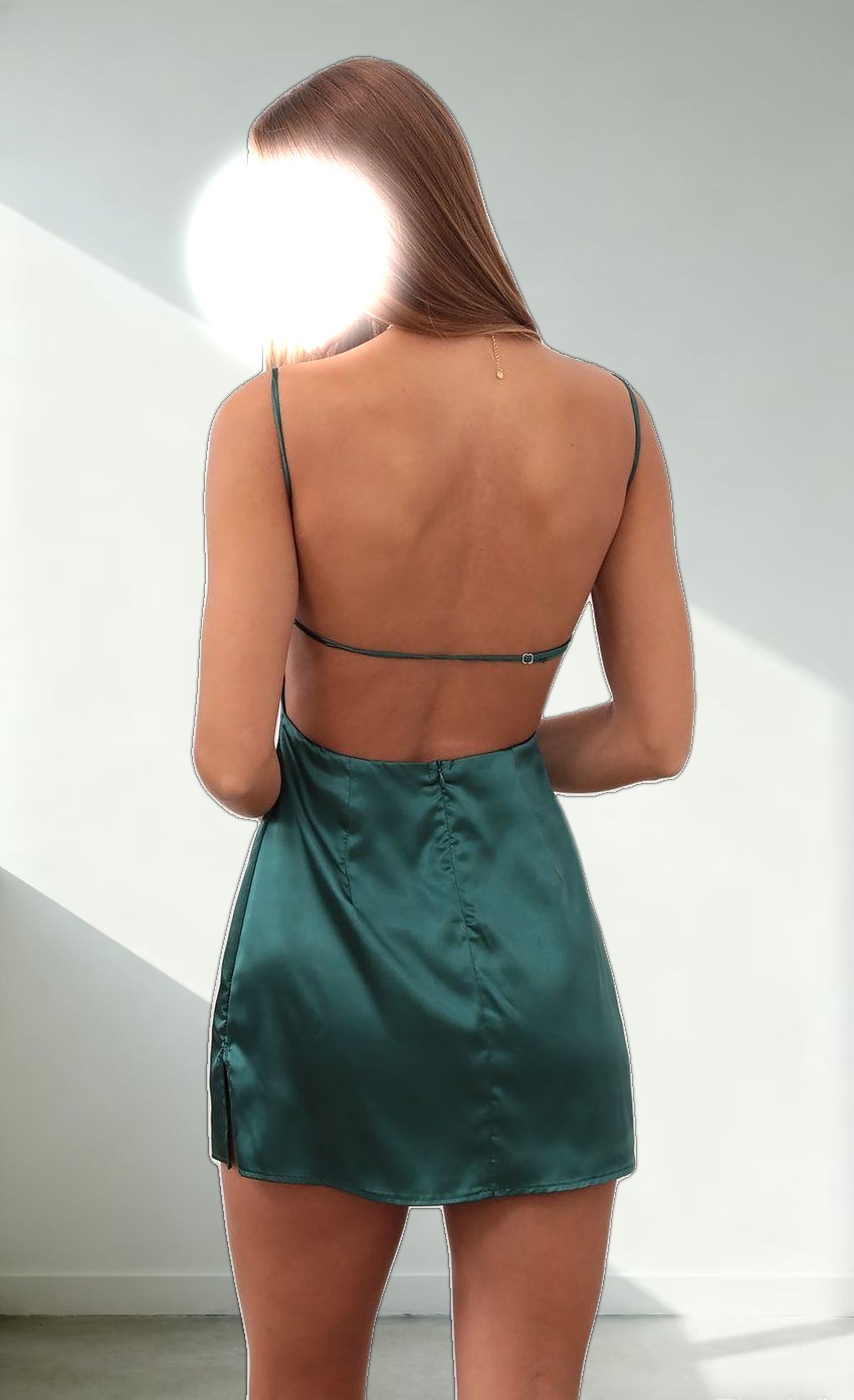 Satin Slit Dress In Hunter Green
