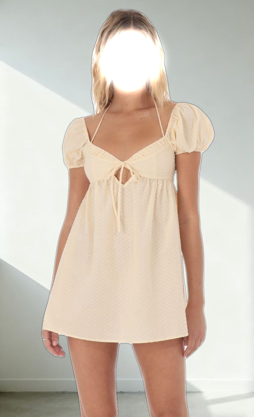 Dotted Puff Sleeve Babydoll Dress in Peach