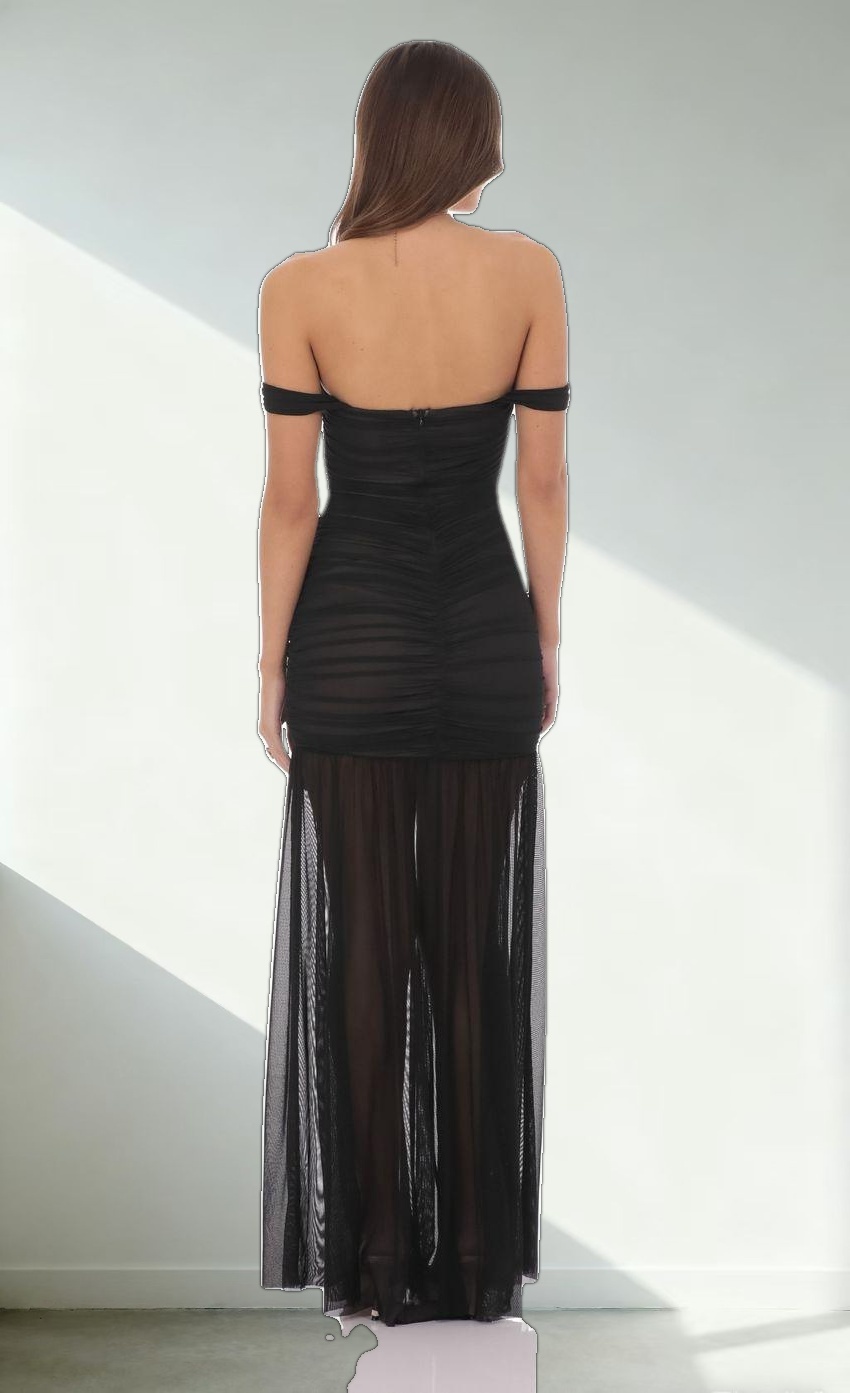 Mesh Off Shoulder Ruched Maxi Dress in Black