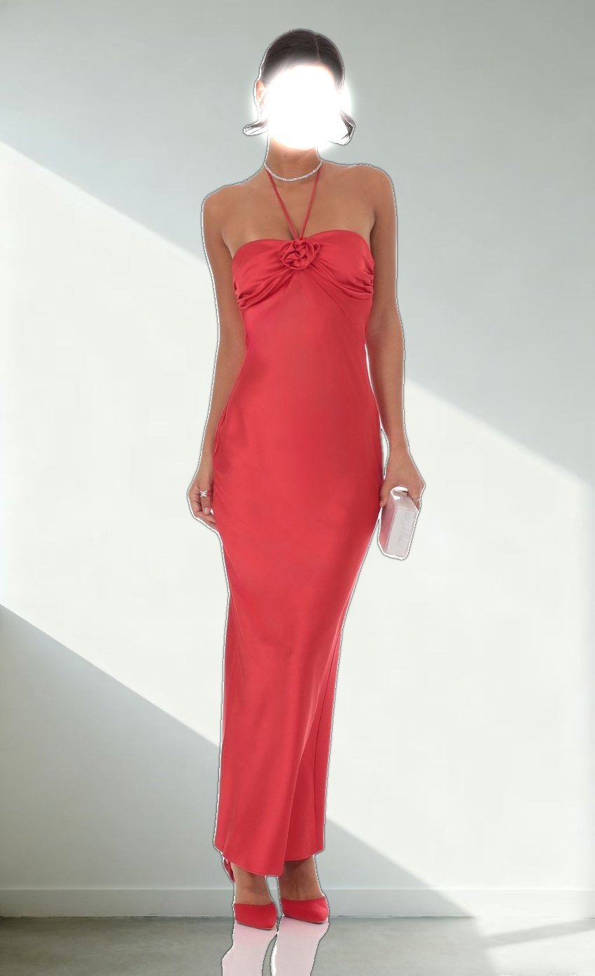 Satin Halter Flower Maxi Dress in Red