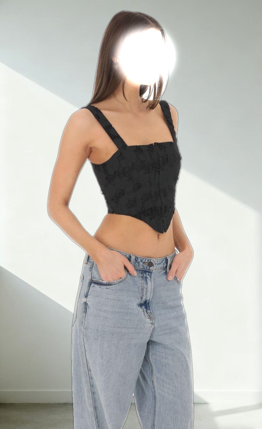 Embroidered Floral Pointed Top in Black