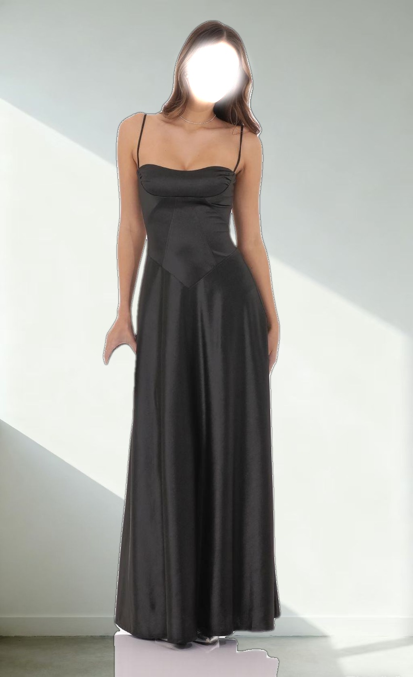 Satin Square Neck Maxi Dress in Black
