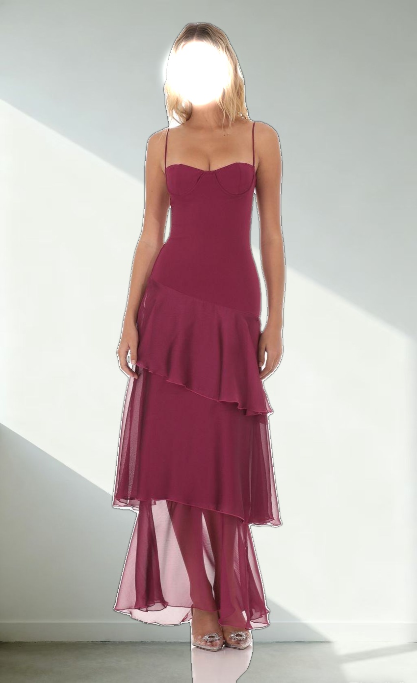 Long Ruffle Maxi Dress in Plum
