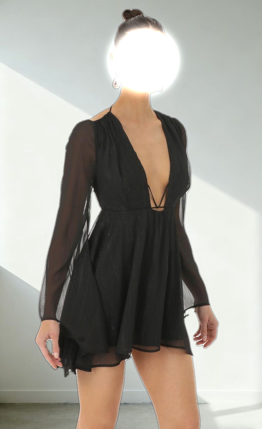 Chiffon Plunge Neck Dress in Black