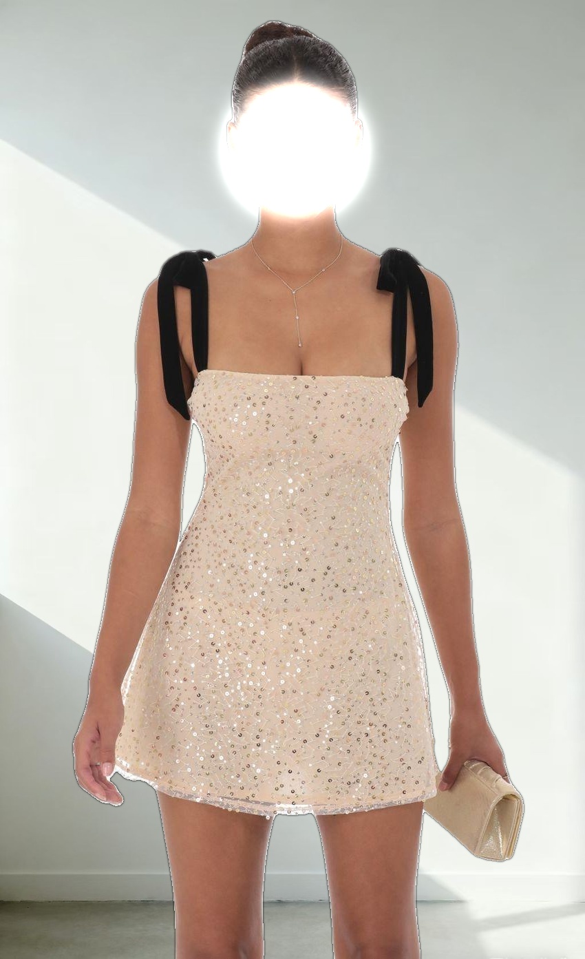 Sequin Velvet Strap Dress in Beige