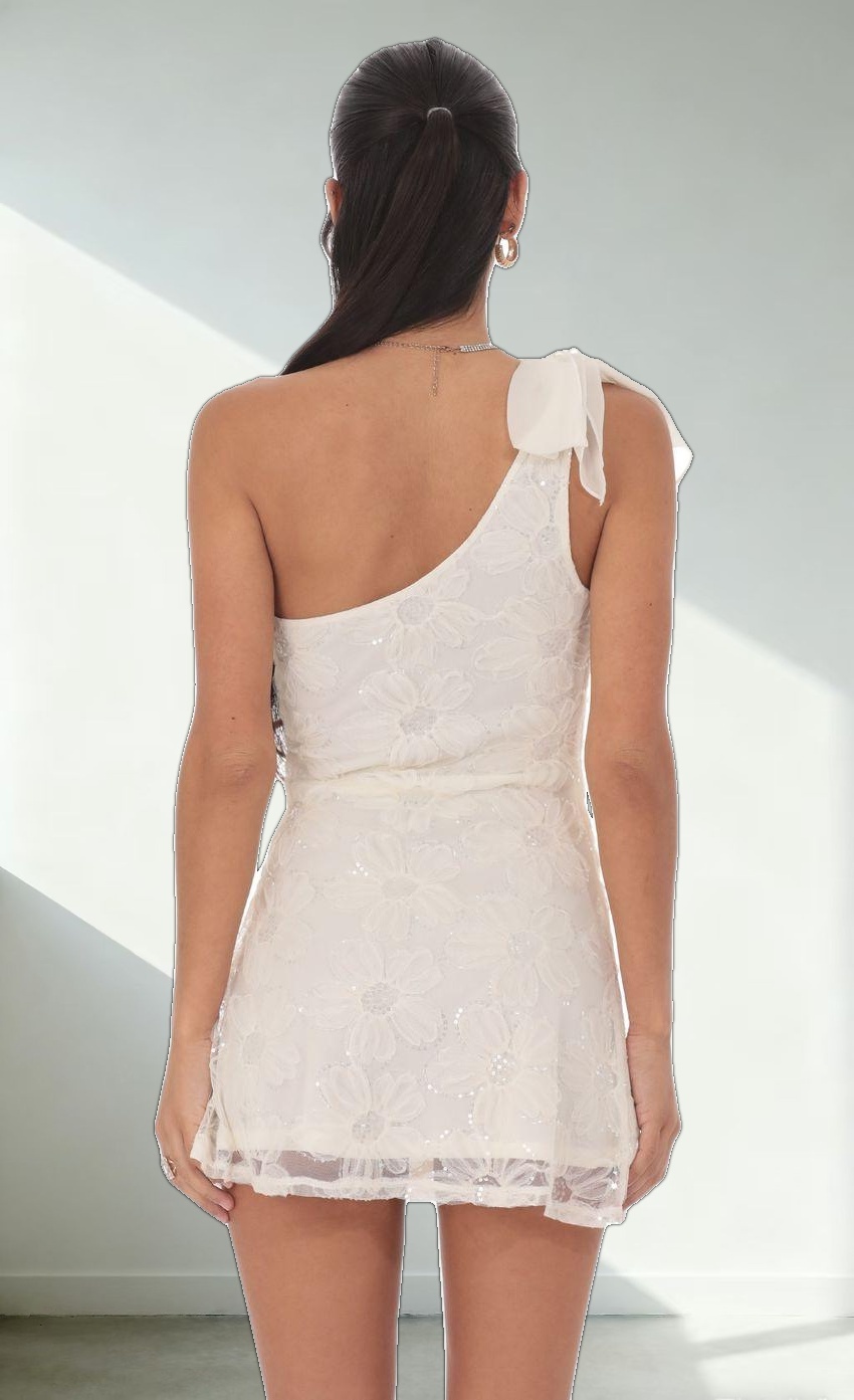 One Shoulder Sequin Floral Dress in Ivory