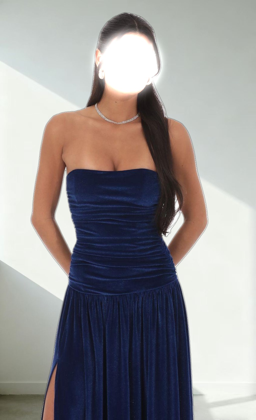 Velvet Ruched Drop Waist Maxi Dress in Navy