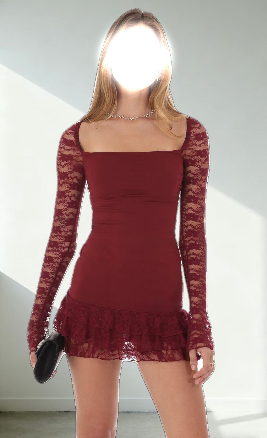 Lace Ruffle Bodycon Dress in Maroon