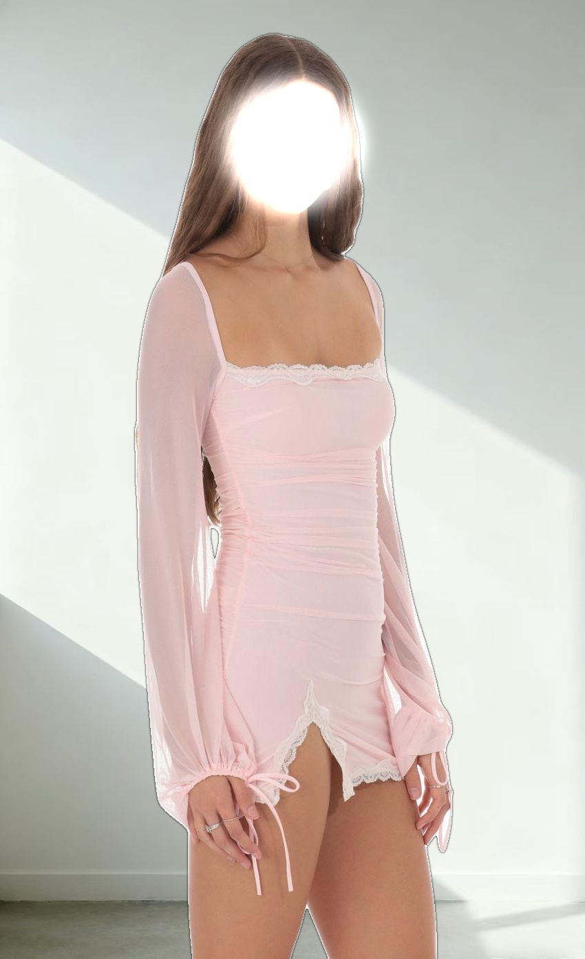 Mesh Lace Ruched Dress in Baby Pink