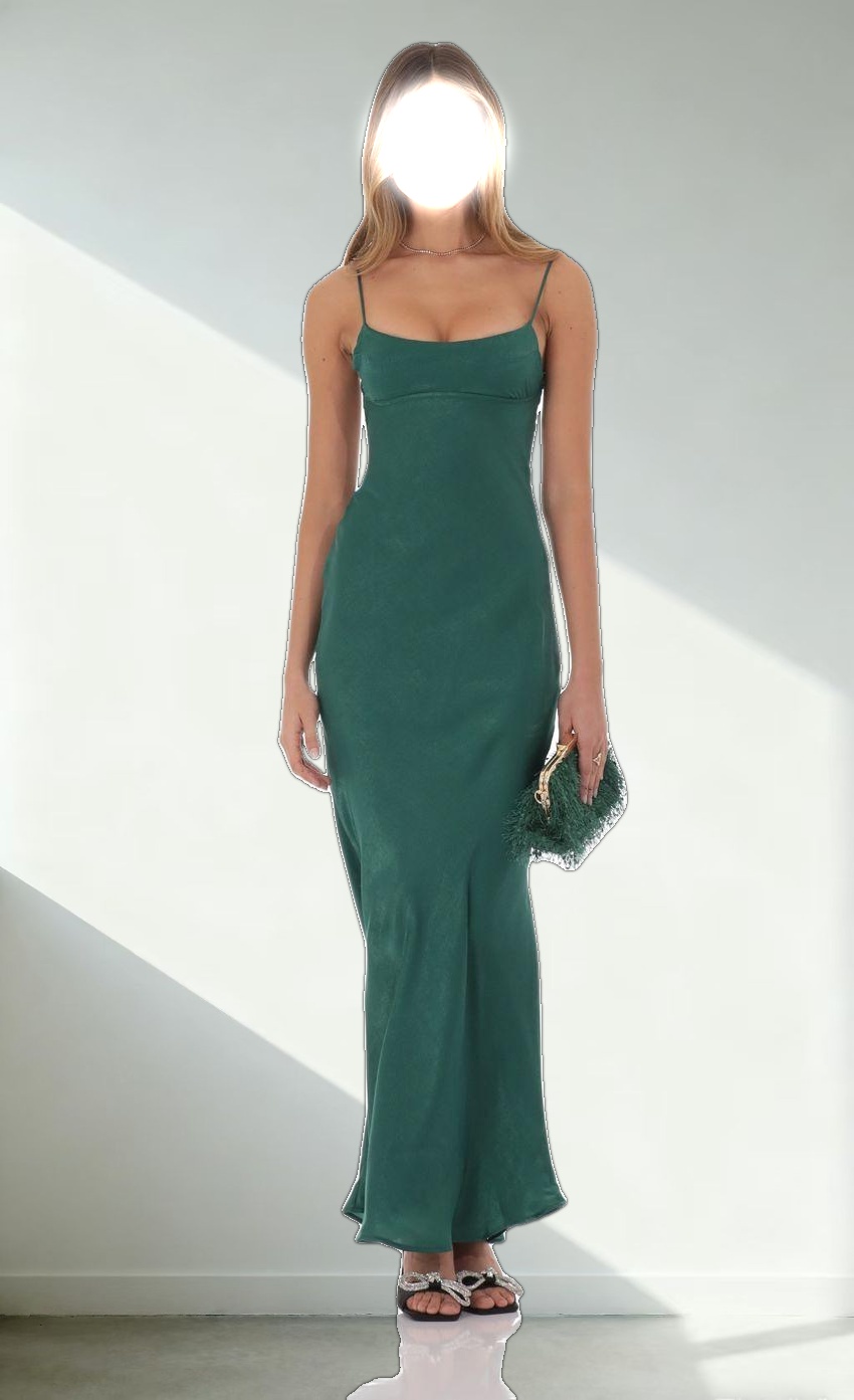 Satin Open Back Maxi Dress in Green
