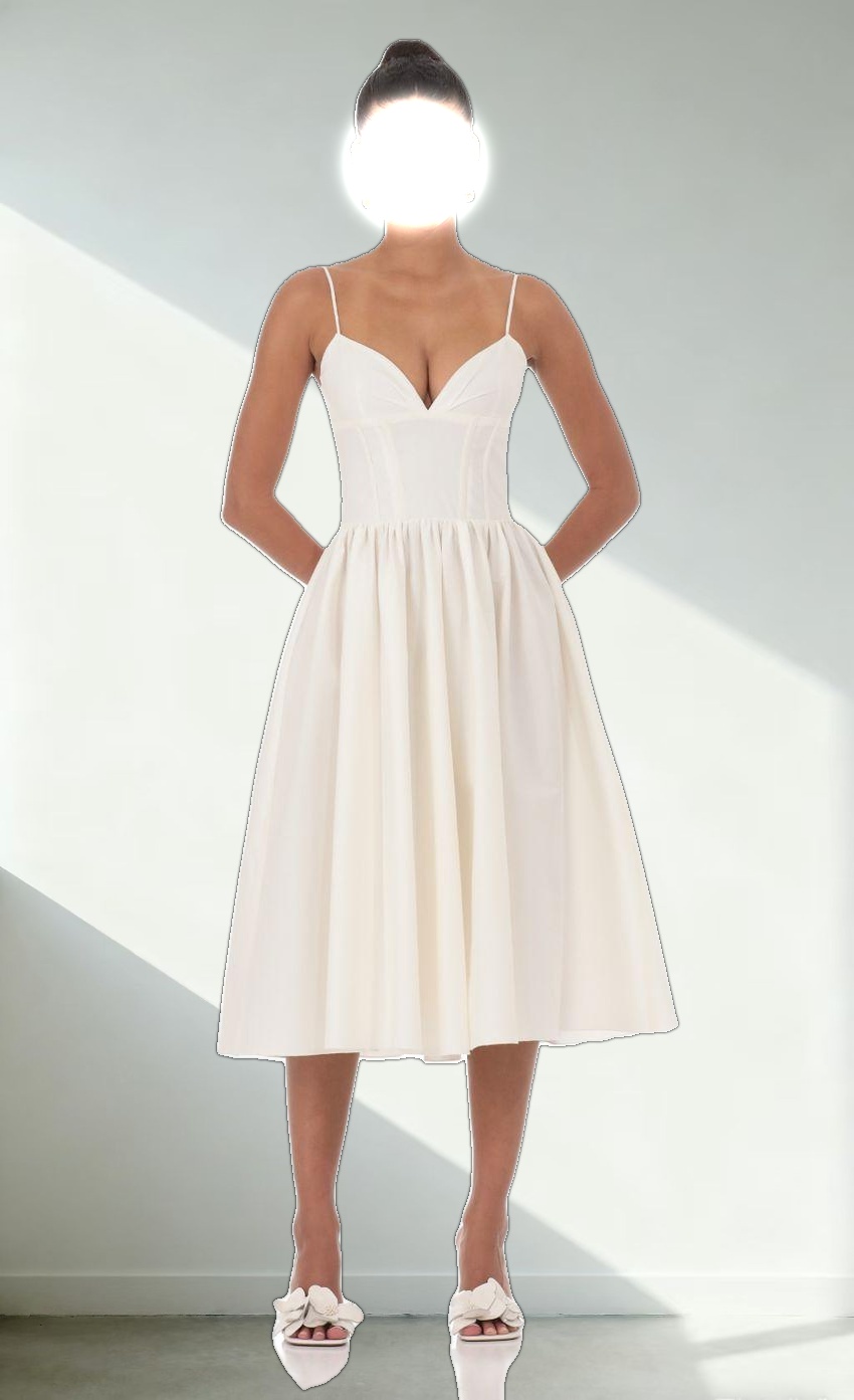 Corset V-Neck Midi Dress in Ivory
