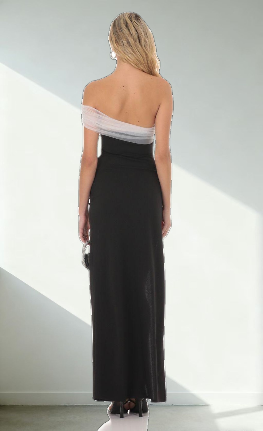 Off Shoulder Tulle Sleeve Maxi Dress in Black