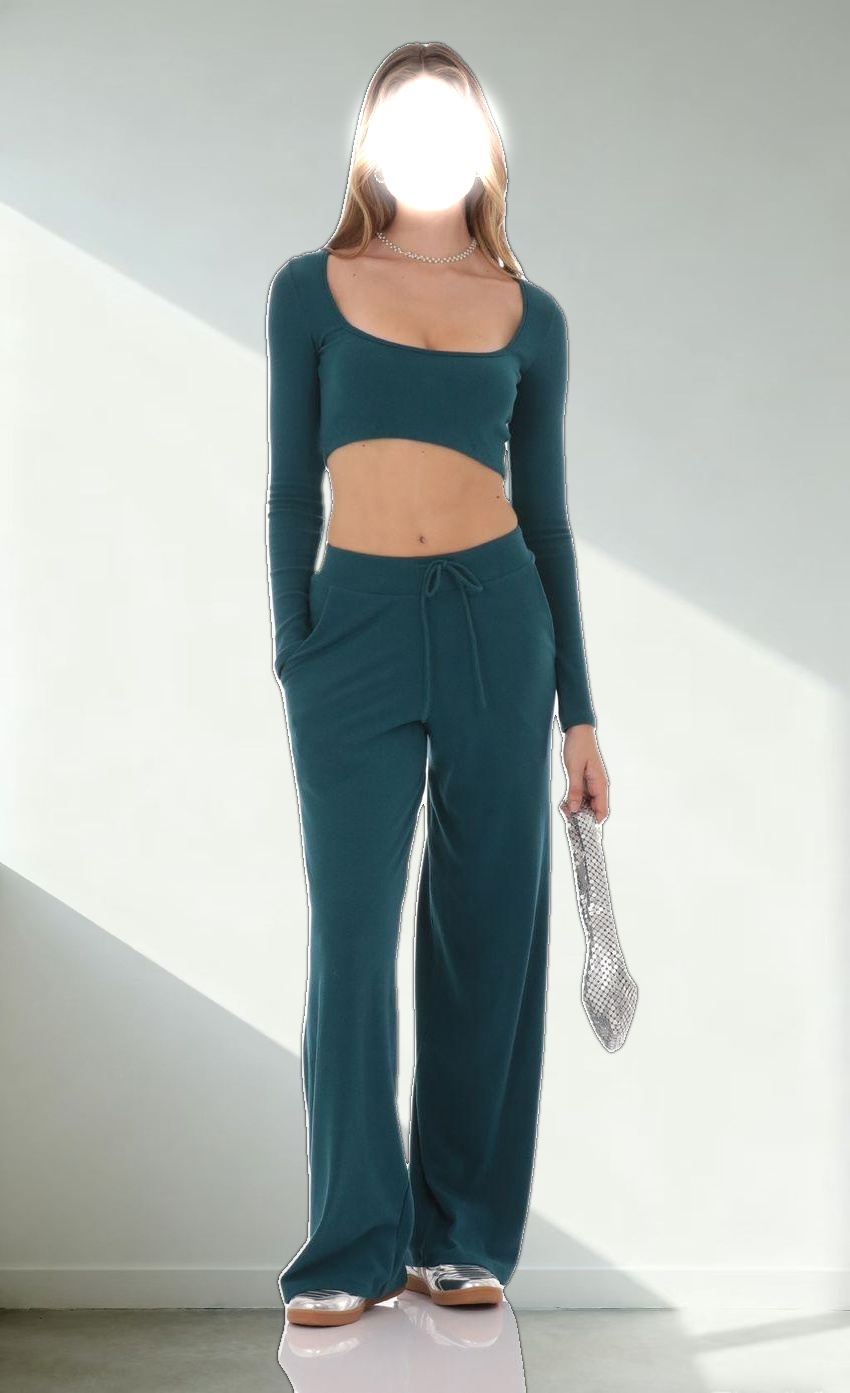 Soft Ribbed Straight Pants in Teal
