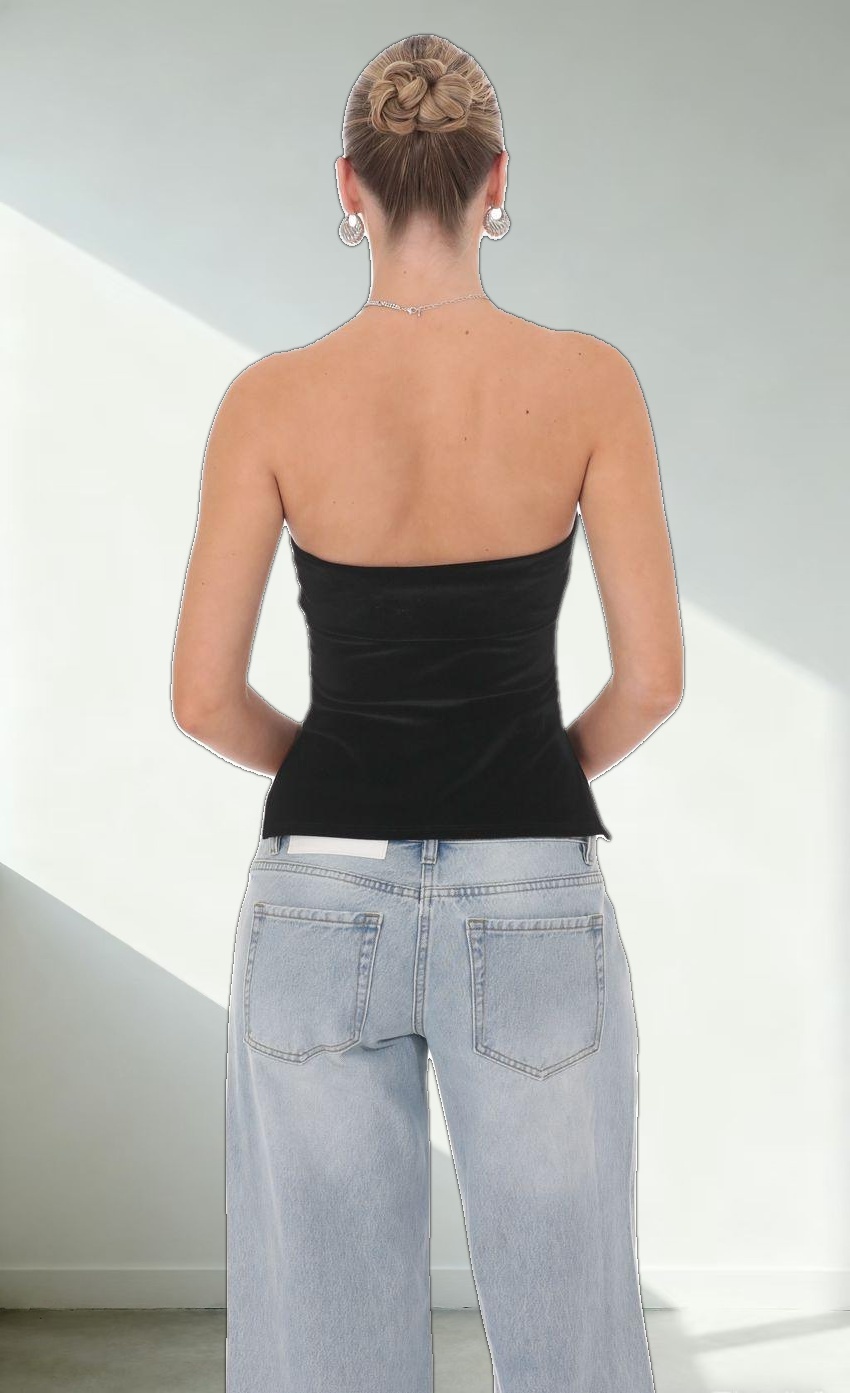 Velvet Strapless Slit Top in Black