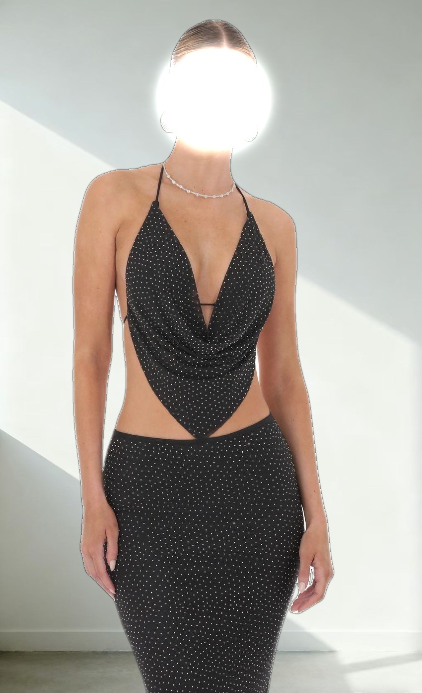 Draped Rhinestone Two Piece Set in Black