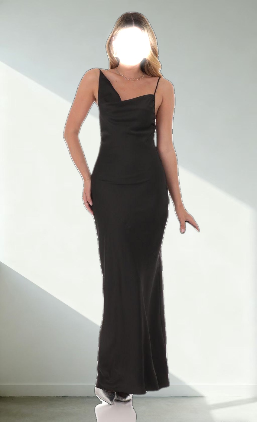 Satin Asymmetrical Cowl Neck Maxi Dress in Black