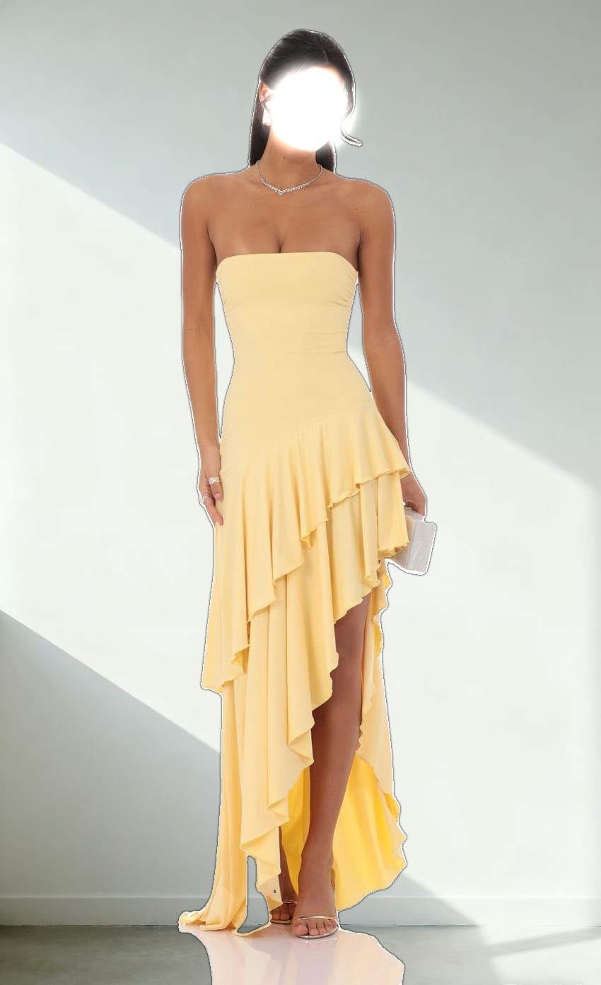 Strapless Ruffle Asymmetrical Maxi Dress in Yellow