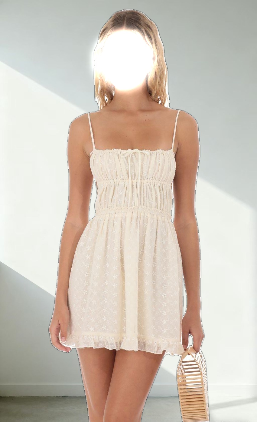 Ruched Floral Open Back Dress in Cream