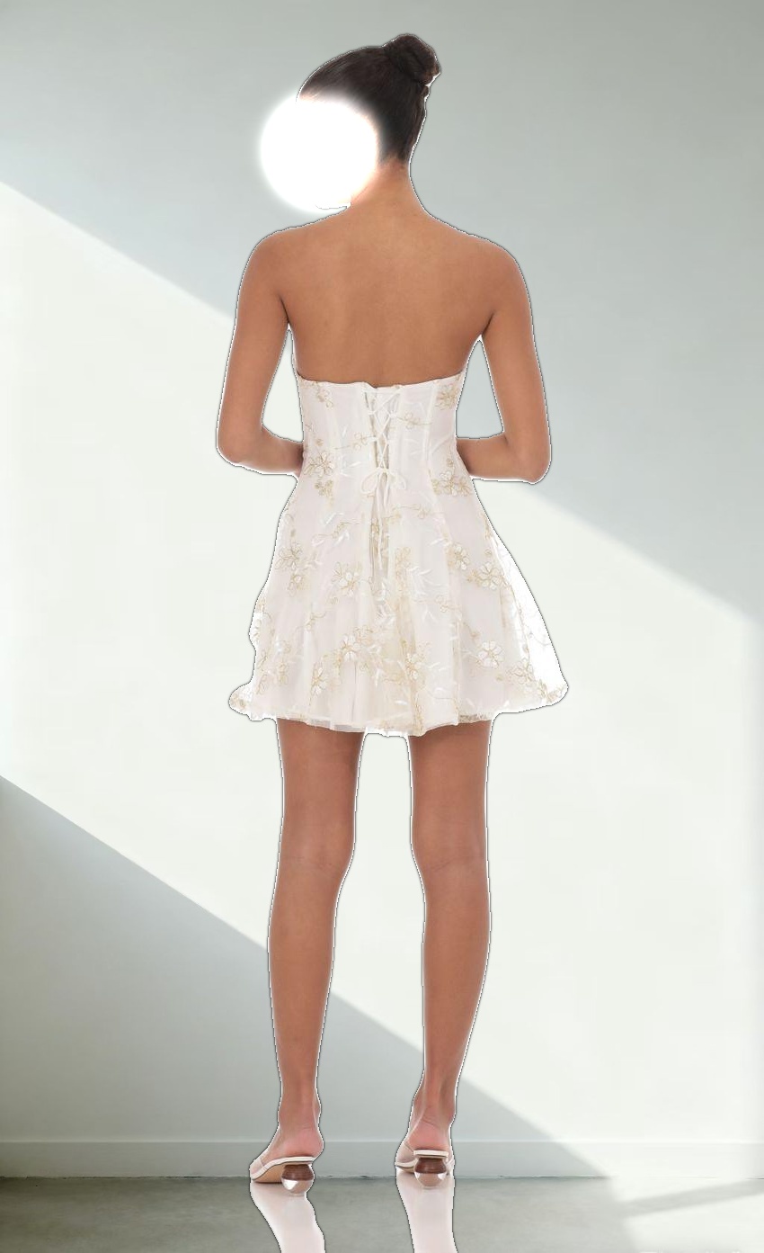 Embroidered Floral Strapless Dress in White