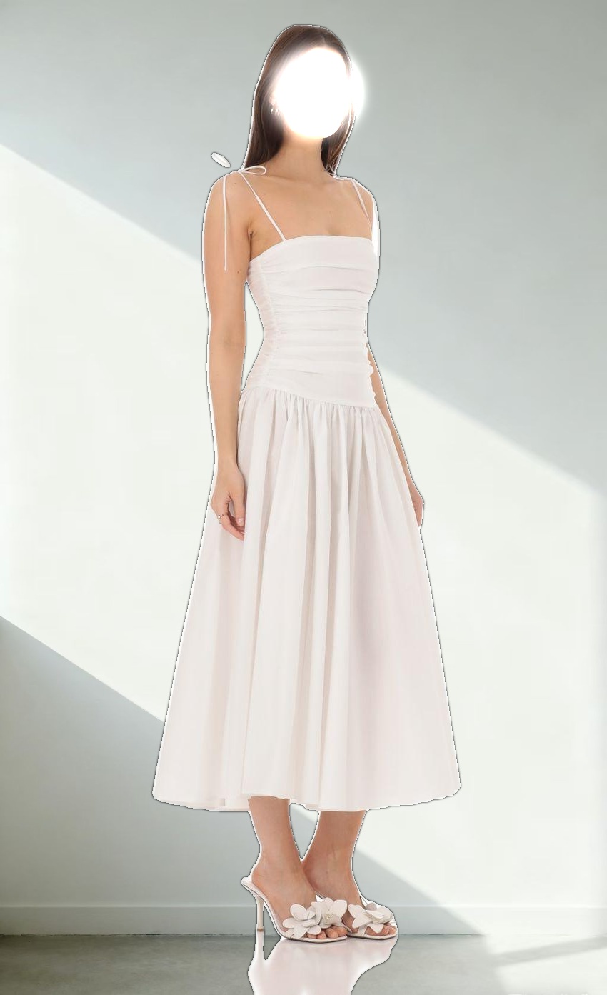 Ruched Square Neck Midi Dress in White