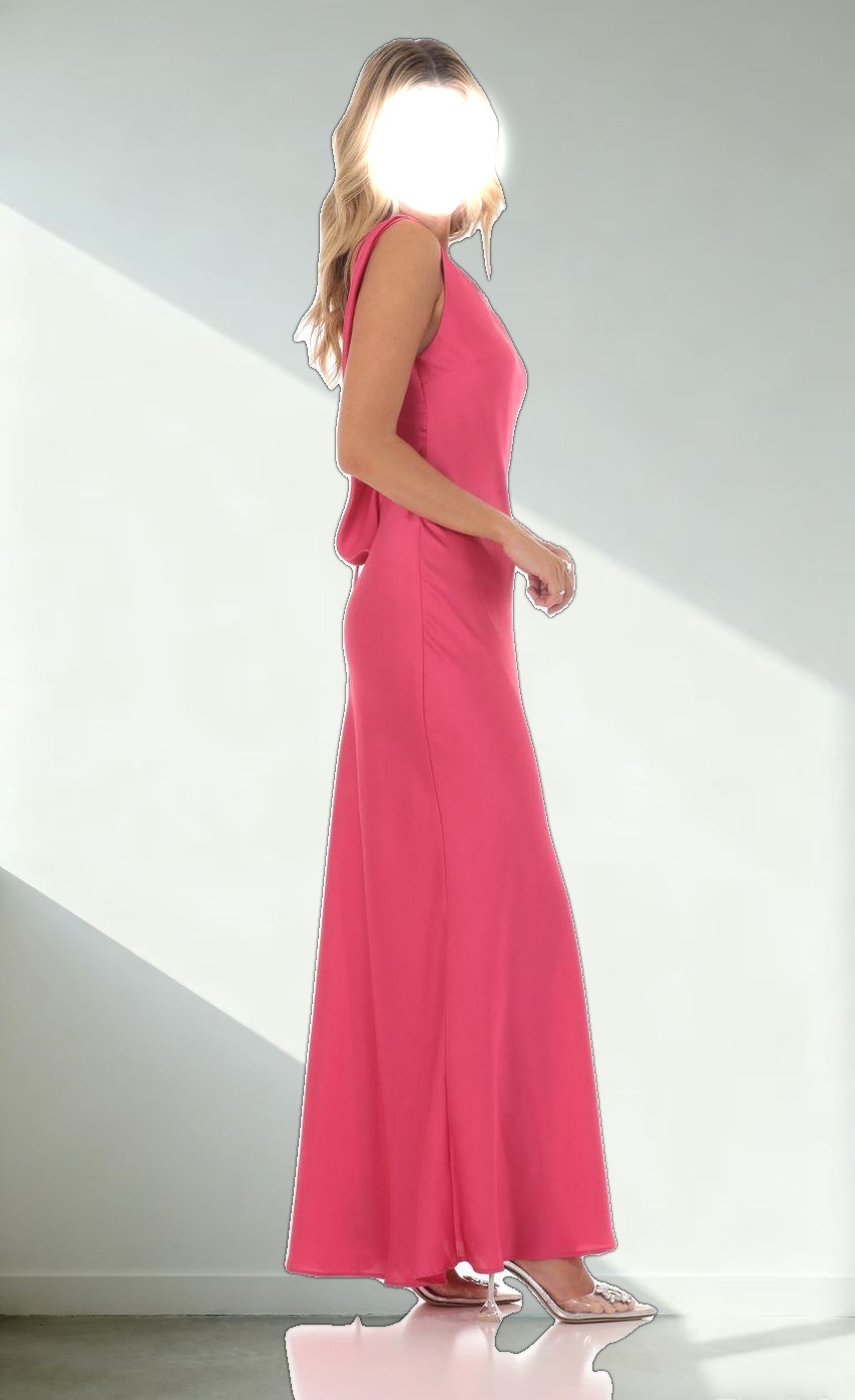 Satin High Neck Open Back Maxi Dress in Magenta