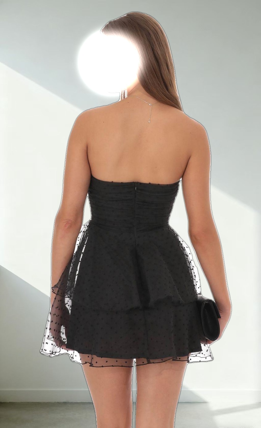 Dotted Petal Ruffle Strapless Dress in Black