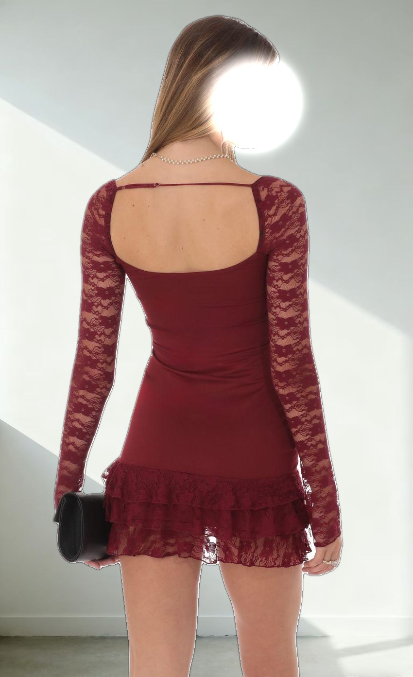 Lace Ruffle Bodycon Dress in Maroon