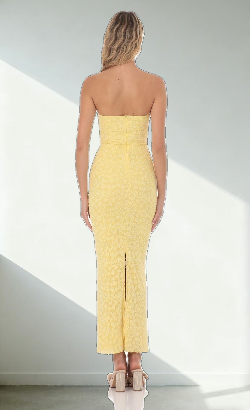Strapless Textured Floral Twist Maxi Dress in Yellow