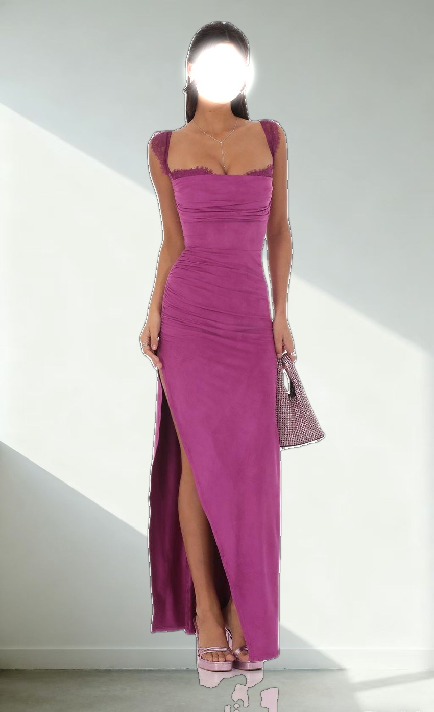 Suede Draped Lace Maxi Dress in Magenta