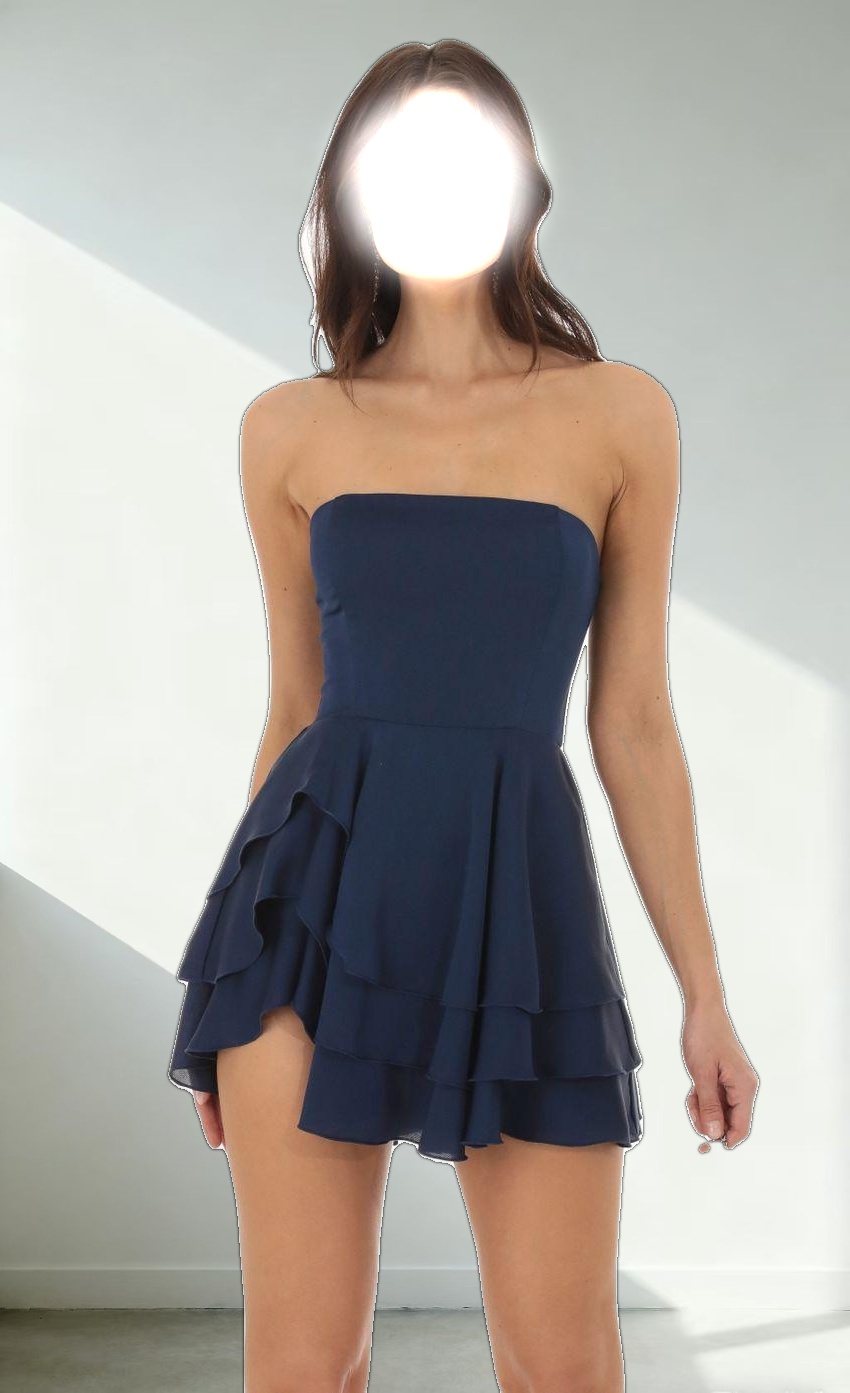 Satin Strapless Asymmetrical Dress in Navy