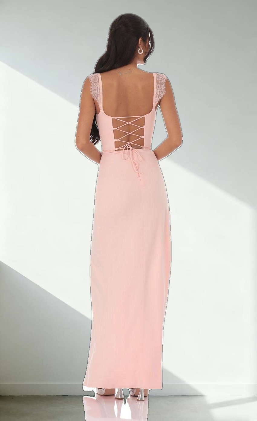 Suede Draped Lace Maxi Dress in Pink