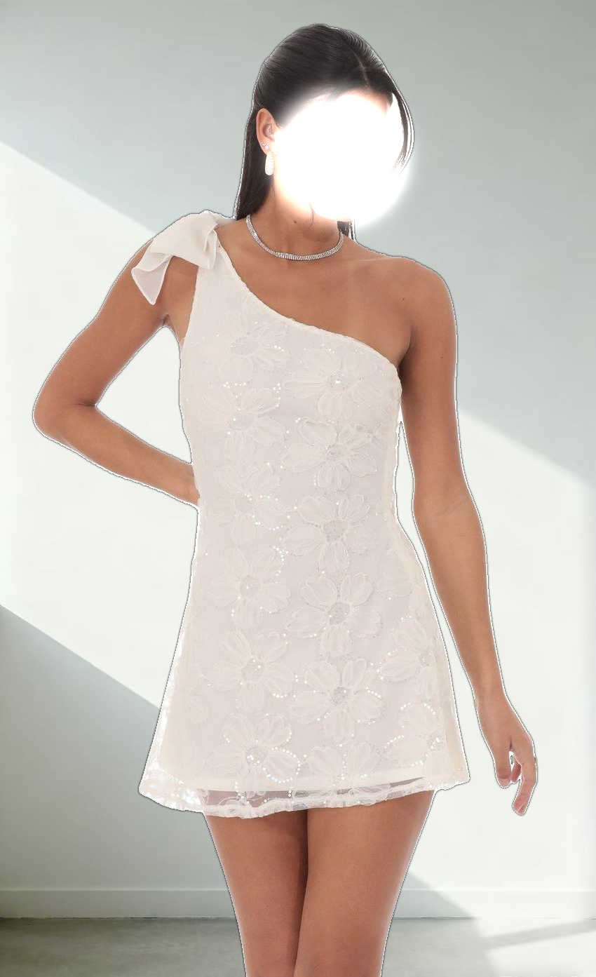 One Shoulder Sequin Floral Dress in Ivory