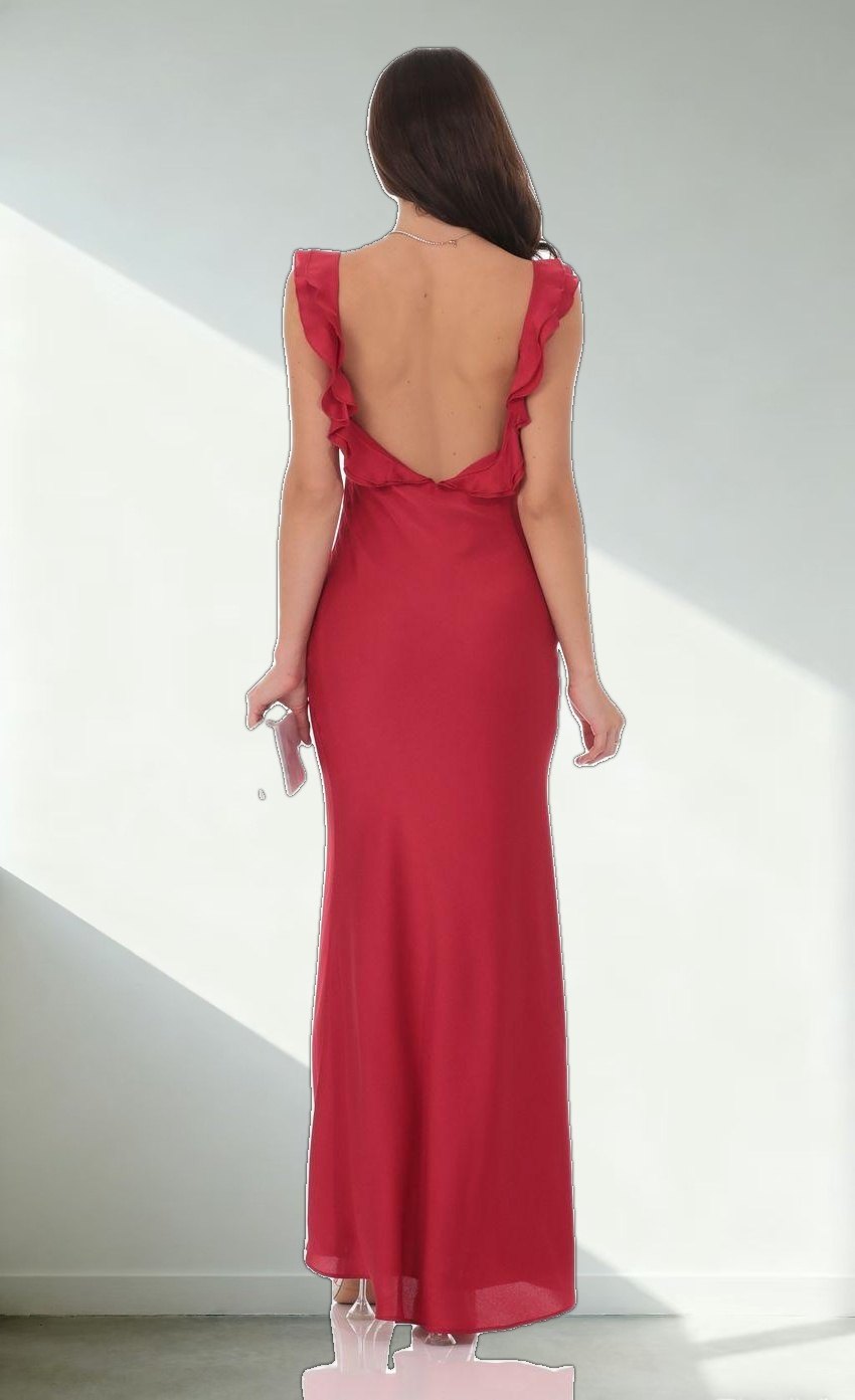 Satin Ruffle Open Maxi Dress in Red