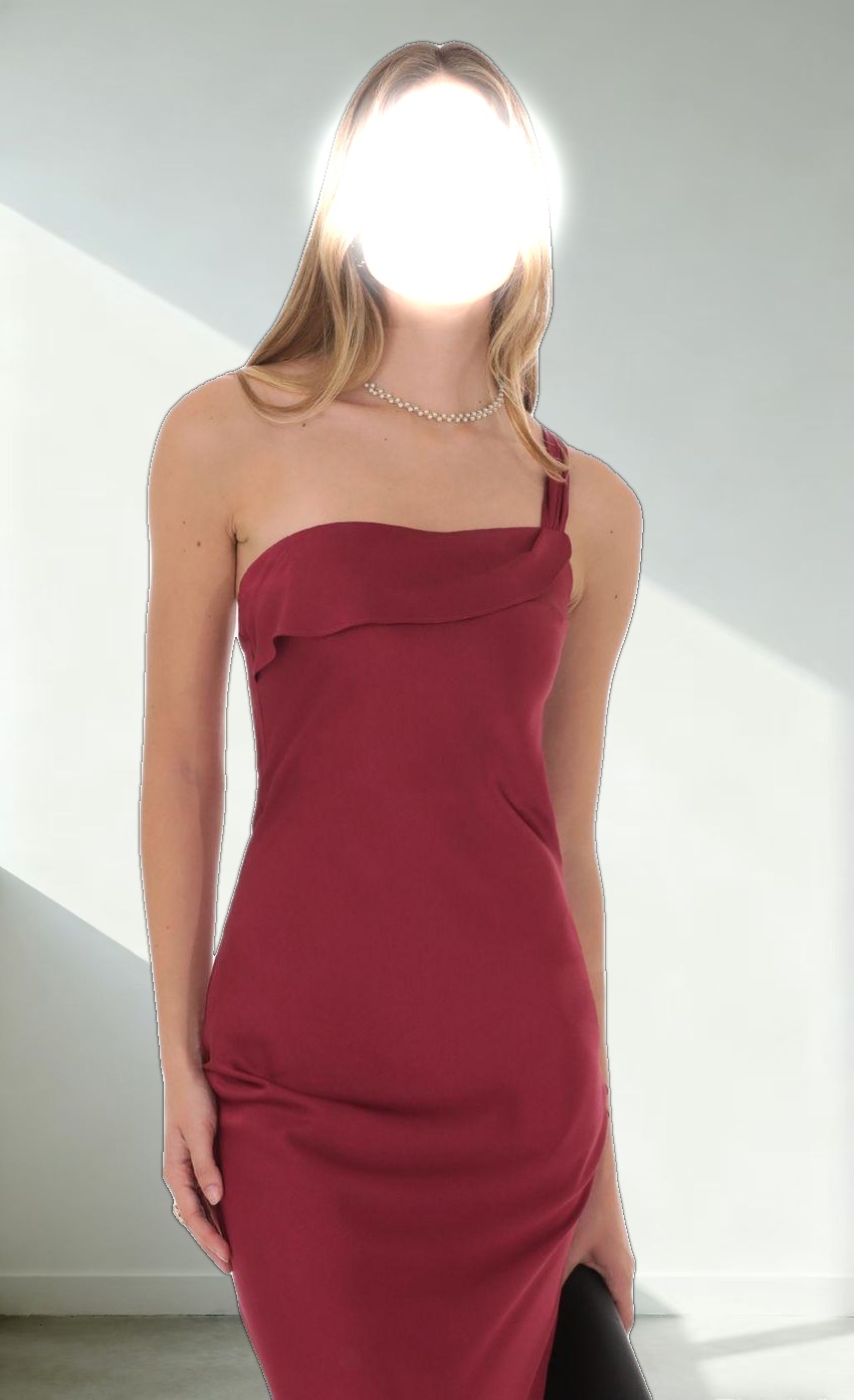 Satin One Shoulder Tassel Maxi Dress in Wine