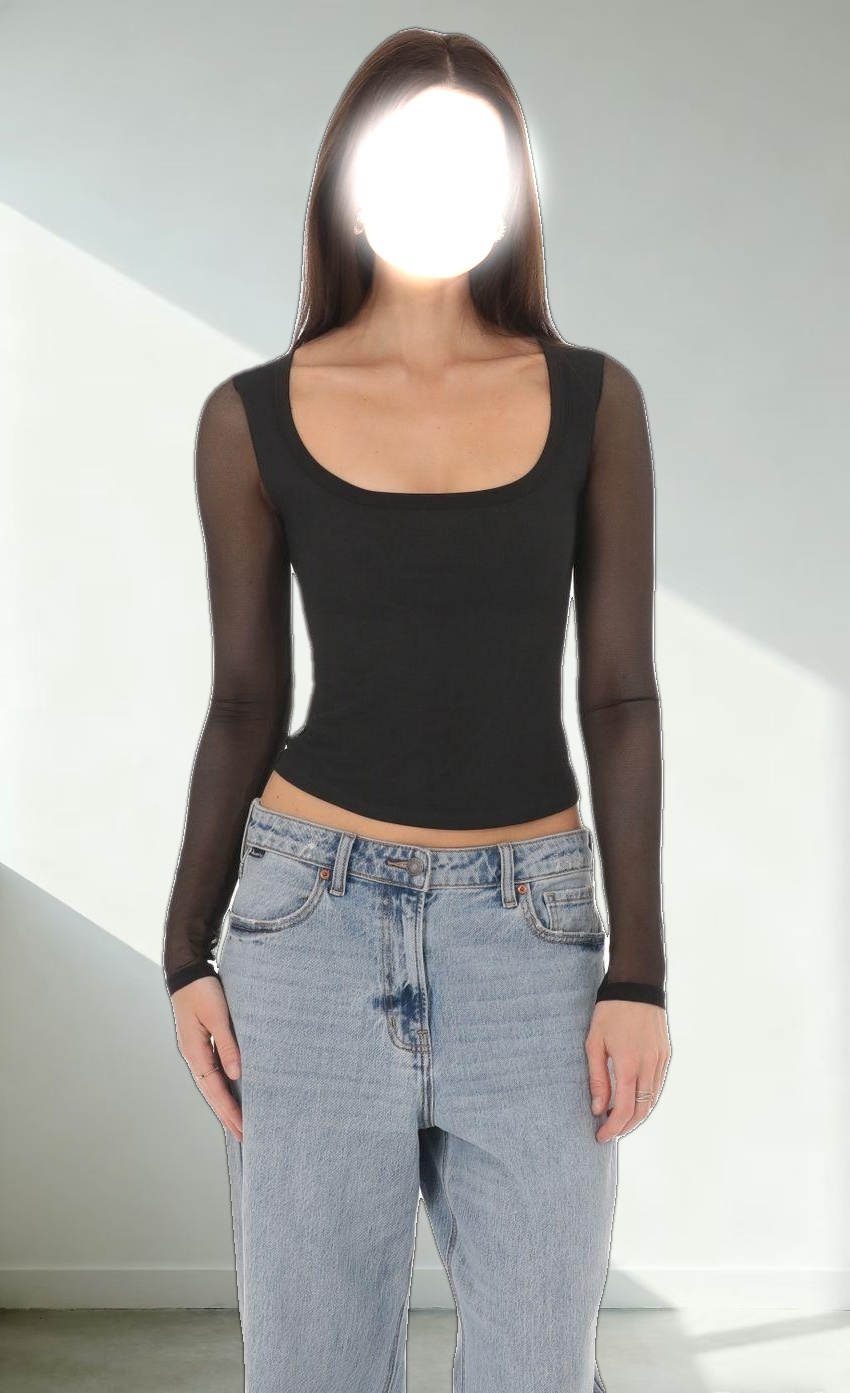 Mesh Scoop Long Sleeve Top in Black