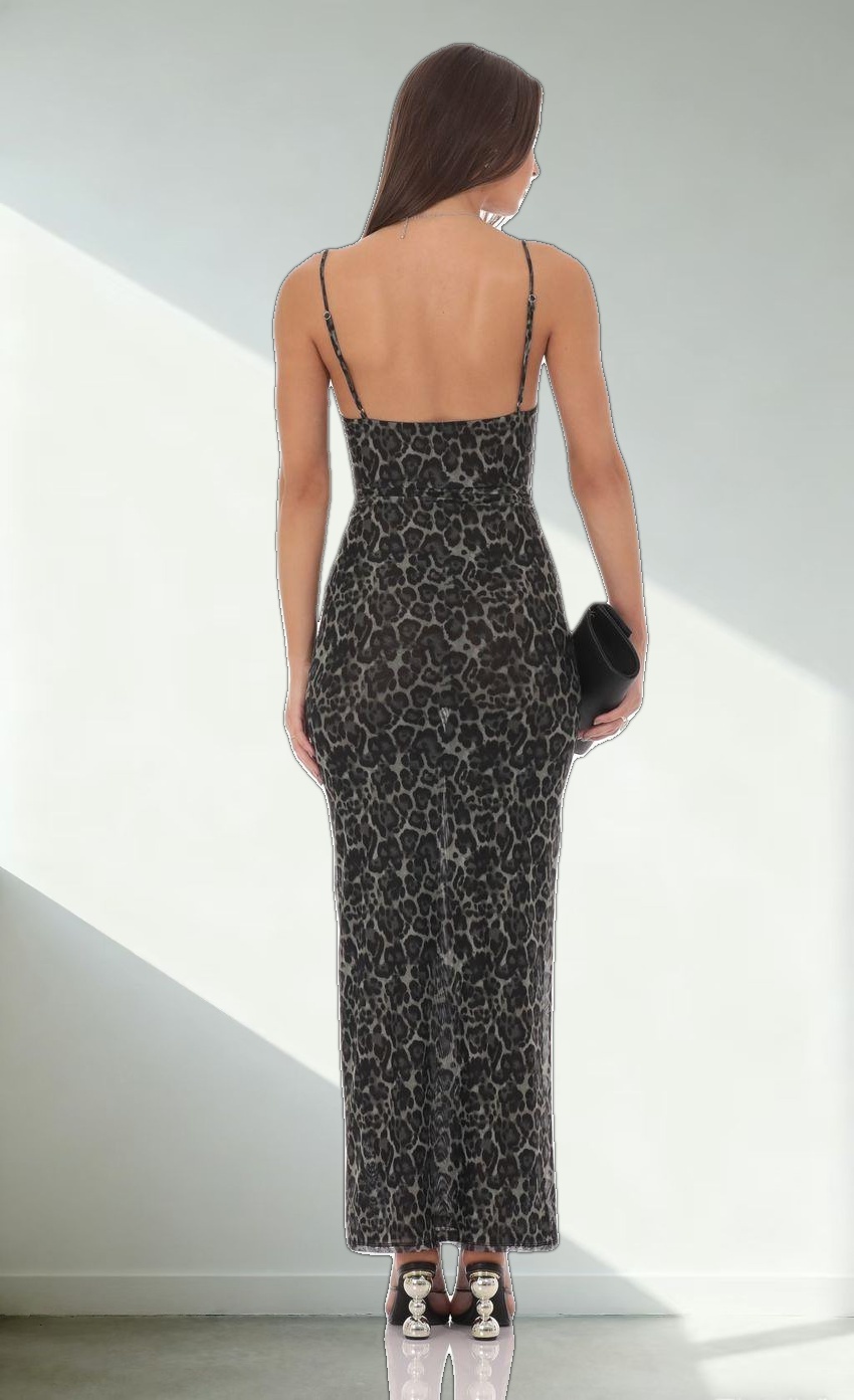 Mesh Cowl Neck Maxi Dress in Cheetah Print