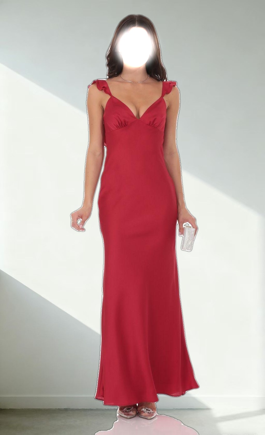 Satin Ruffle Open Maxi Dress in Red