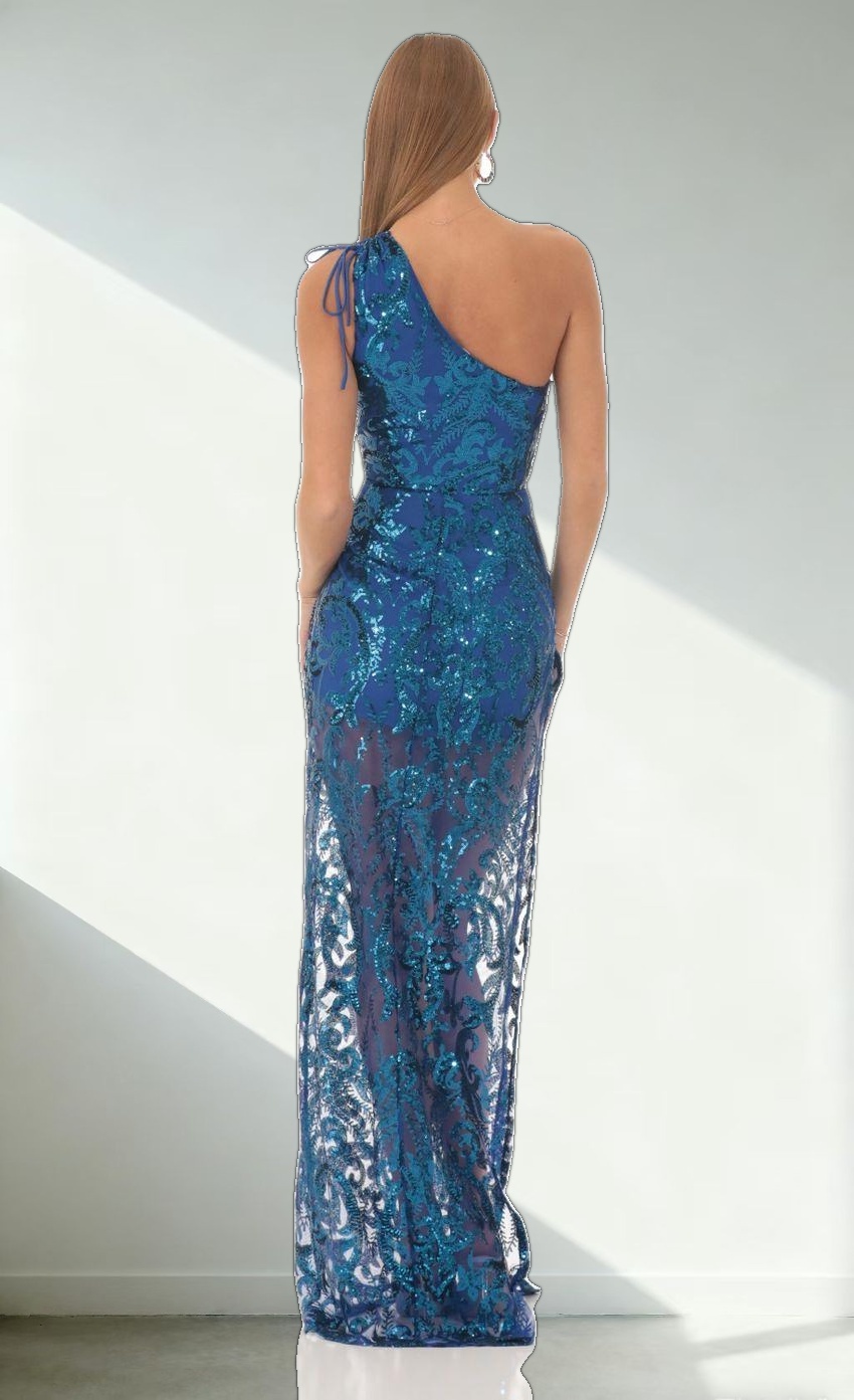 Sequin One Shoulder Maxi Dress in Blue