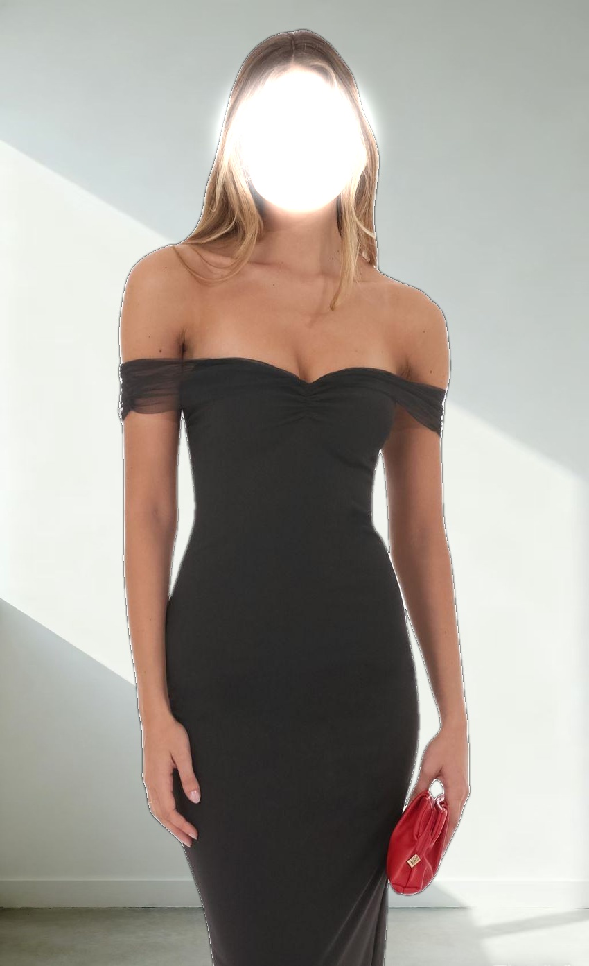 Tulle Off Shoulder Sleeve Maxi Dress in Black