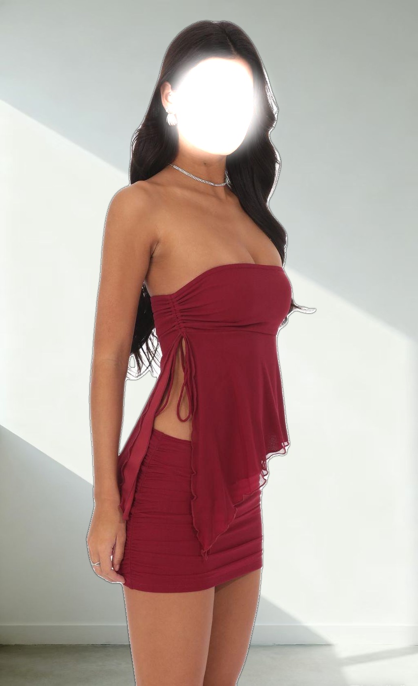 Mesh Strapless Two Piece Set in Burgundy
