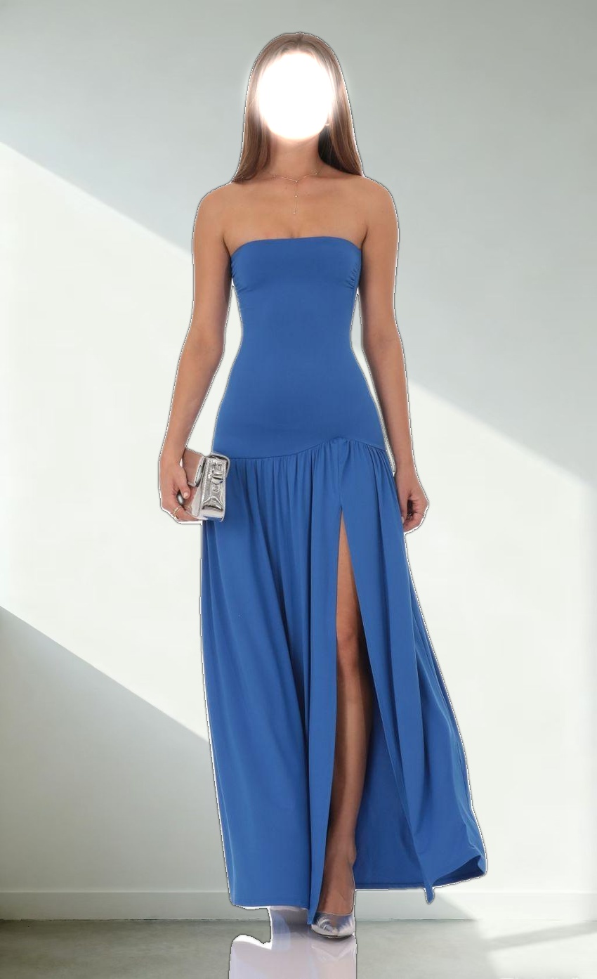 Strapless Drop Waist Maxi Dress in Blue