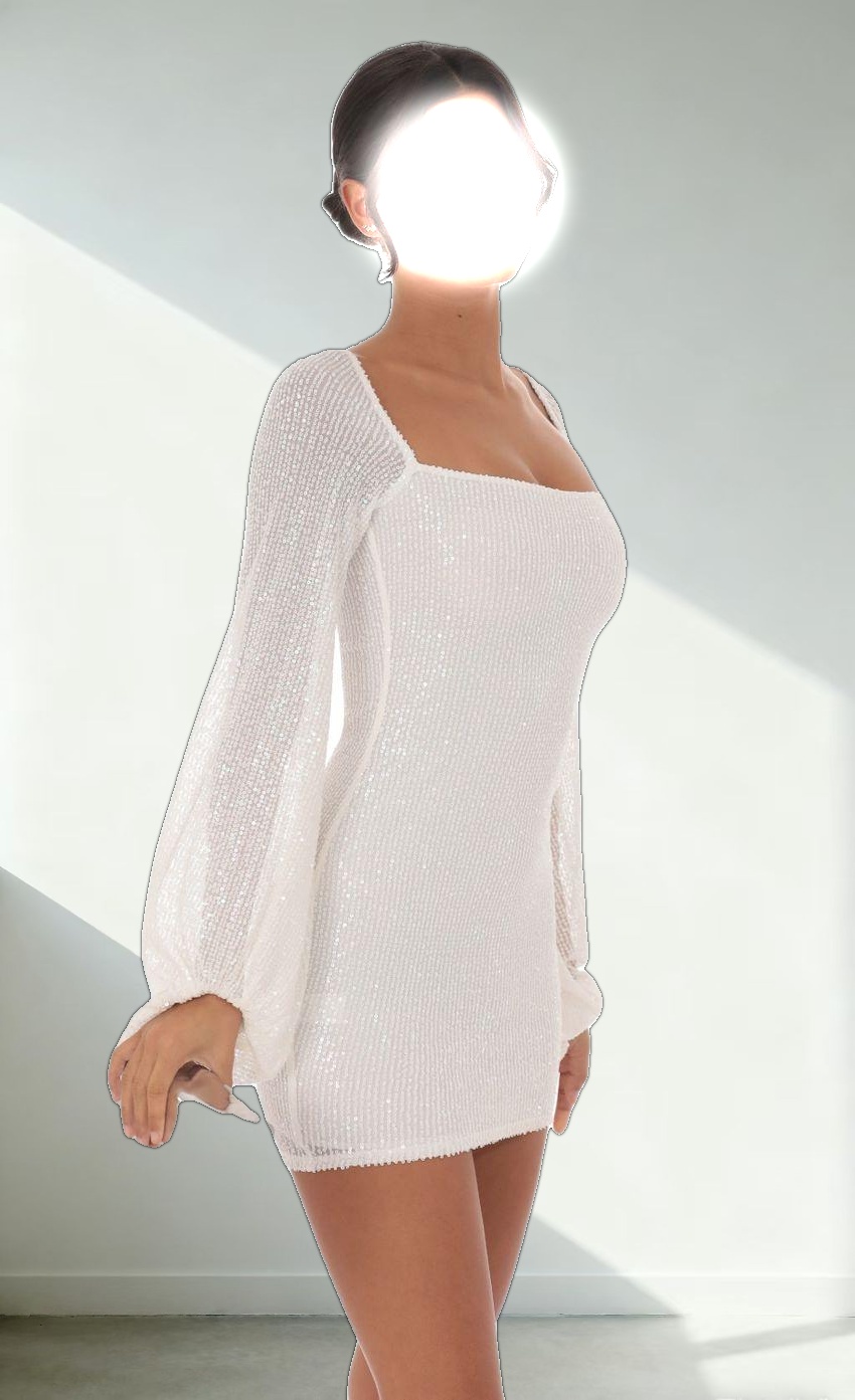 Sequin Balloon Sleeve Dress in White