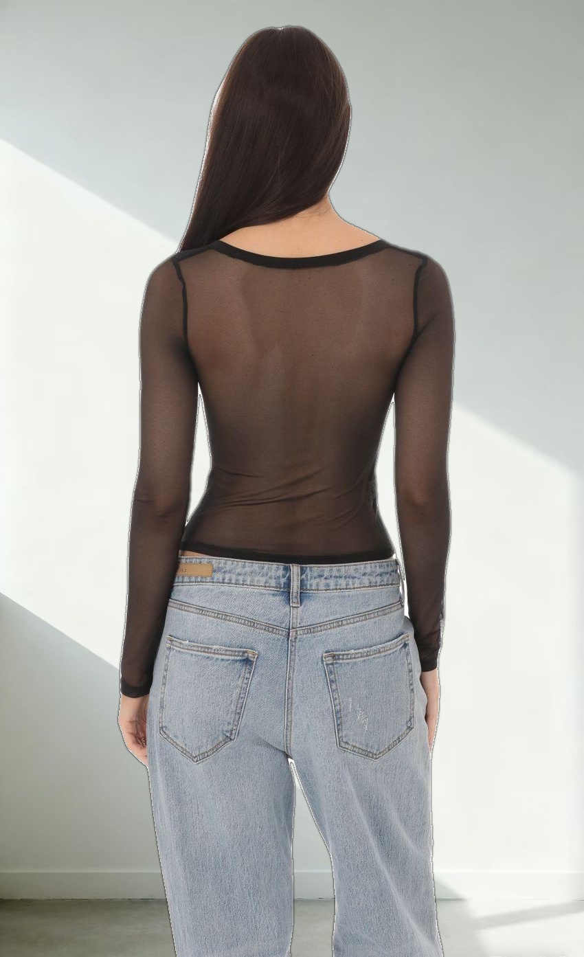 Mesh Scoop Long Sleeve Top in Black