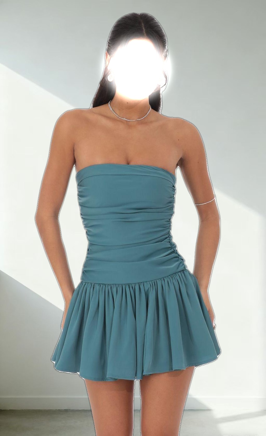 Strapless Ruched Flare Dress in Blue Teal