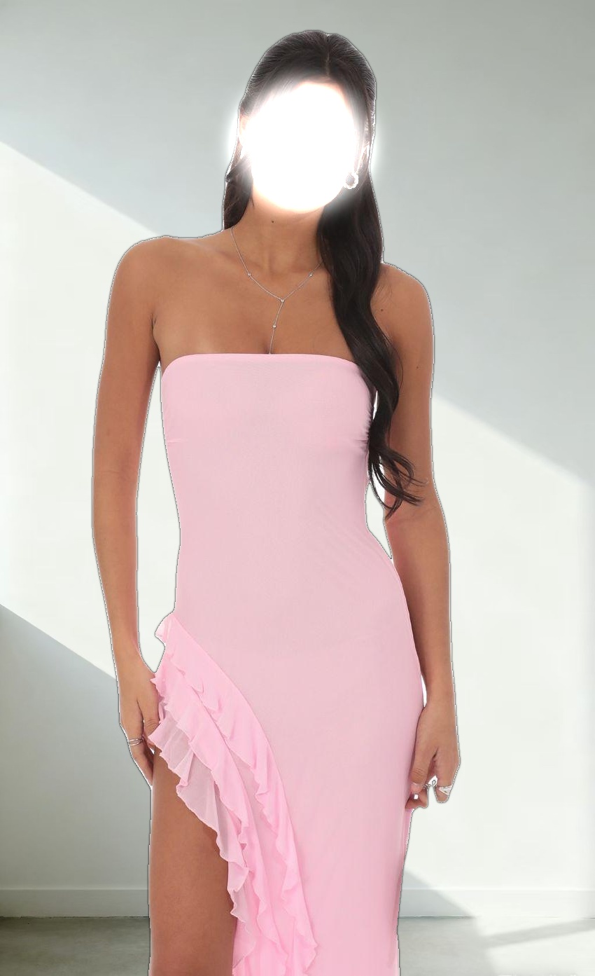 Mesh Strapless Triple Ruffle Maxi Dress in Pink