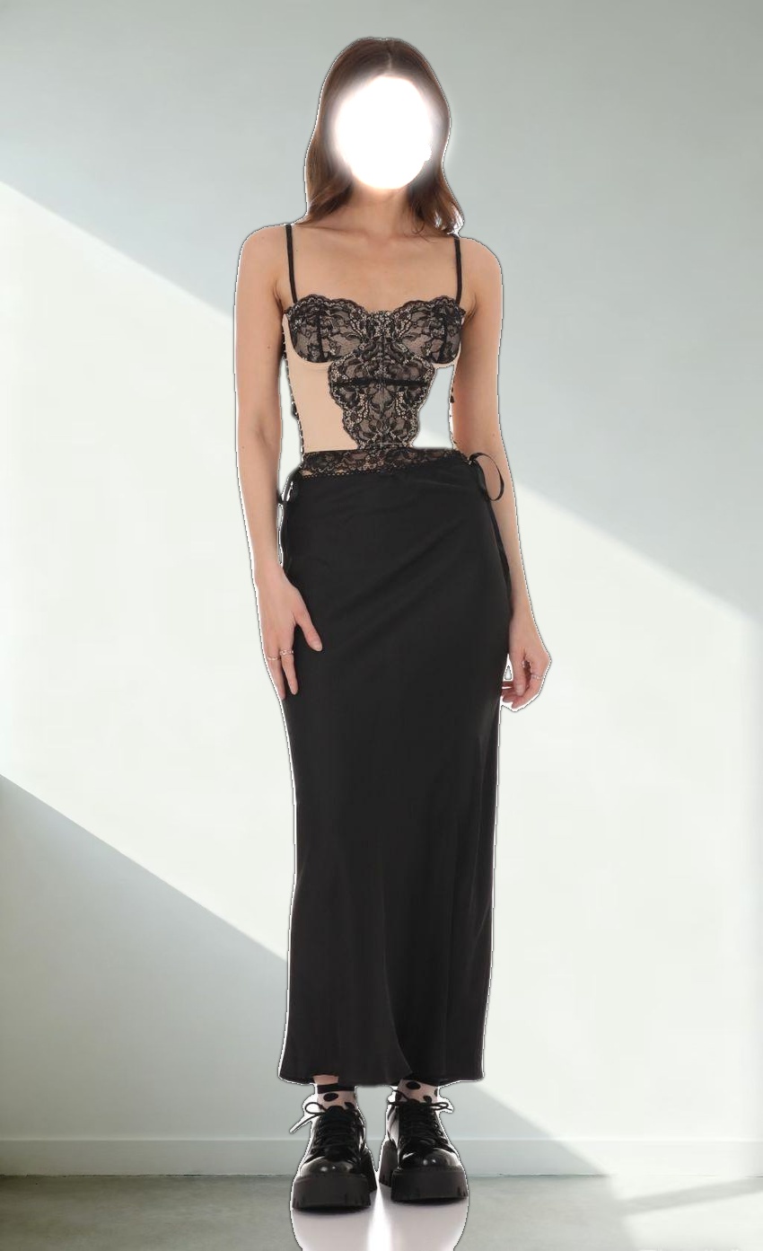 Black Lace Ribbon Top in Tan