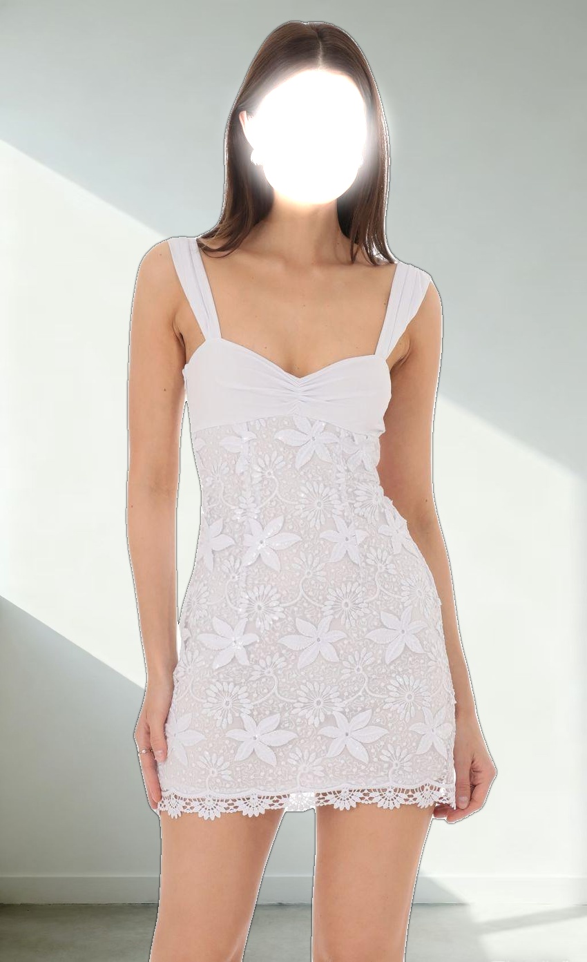 Embroidered Floral Sequin Dress in White